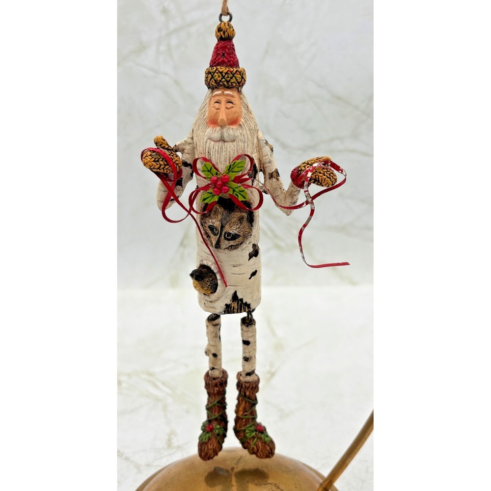 Woodland Birch Bark Santa Christmas Ornament w/ Racoon Folk‎ Art Style Vintage